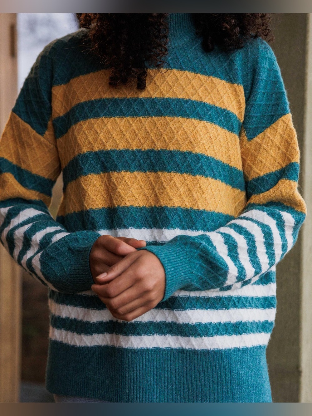 Passenger Mock Neck Striped Knit Sweater Teal Mustard White Size M NWOT